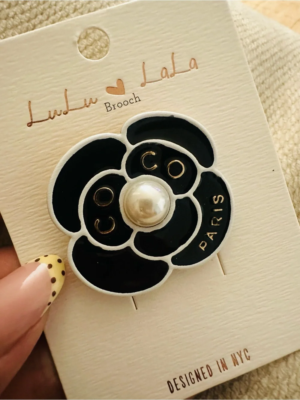 Black Flower Brooch with Pearl Accent